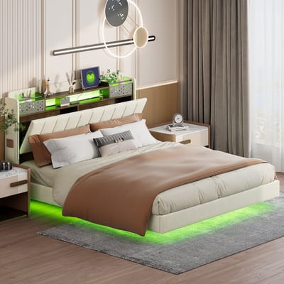 MODFU Gestoffeerd bed 160x200 cm – linnen beige – met USB, LED-verlichting en opbergruimte – zwevend design