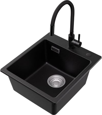 CECIPA max Spoelbak Keuken 40x45cm - Spoelbakken Met Keukenkraan - Spoelbak Graniet - Enkele Spoelbak - Spoelbakken Keuken Opbouw - 80% Kwarts Zand Keuken Spoelbak - Zwart