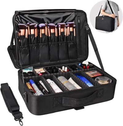 Professionele make-uptas voor op reis - grote en multifunctionele make-up organizer in zwart met verstelbare vakken