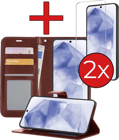 Hoesje - Met 2x Screenprotector - Geschikt voor Samsung Galaxy A55 - Luxe Pasjeshouder - Flip Case - Bookcase Portemonee - Kunstleer Book Case - Flipcase Hoes - Book Cover - Walletcase - Portemonneehoes - Telefoonhoes - Bruin