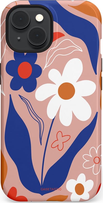 Casetastic hoesje geschikt voor Apple iPhone 15 - MagSafe - Dubbellaagse bescherming - Eenvoud in bloei - Fashion Case - Perzik Donkerblauw Wit