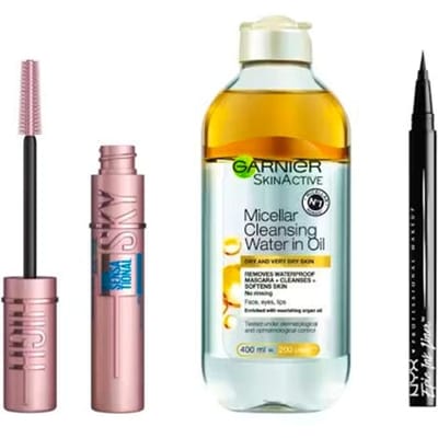 Maybelline Sky High Mascara Waterproof &amp; Garnier Skin Active Micellar Cleansing Water in Oil &amp; NYX Professional Epic Ink Liner 01 Black 7.2 ml + 400 ml + 1 st