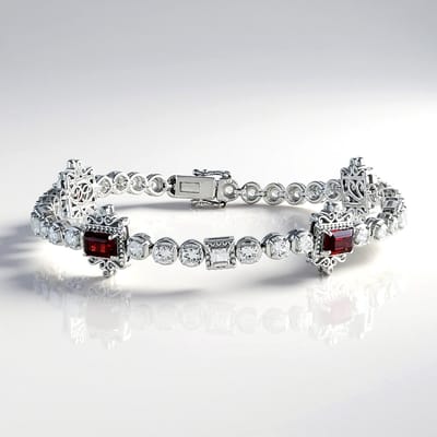 Cavill - Zilveren Armband 925 Sterling - 4 Granaten 3 06 ct - Witte Topaas 0 43 ct - Zirkonen 4 09 ct - Elegant Dames Sieraad 18 28 cm