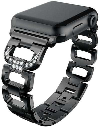 RVS bandje met glitterstenen - geschikt voor Apple Watch 1/2/3/4/5/6/7/8/9/10/11/ SE (1,2,3) met maat 38 mm / 40 mm / 41 mm en 42 mm (Watch 10/11) - stalen band met kliksluiting - zwart