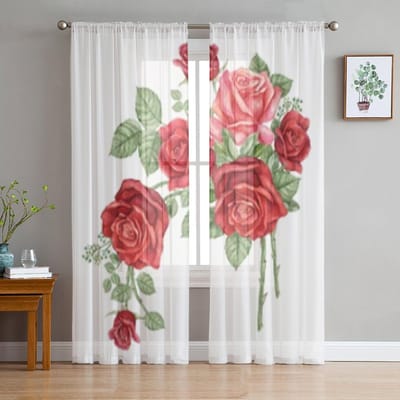 Rode Roos Tak Bloem Transparante Gordijnen Voor Woonkamer Raam Transparant Voile Tule Gordijn Slaapkamer Gordijnen Huisdecoratie 135W x 114H(cm) brown