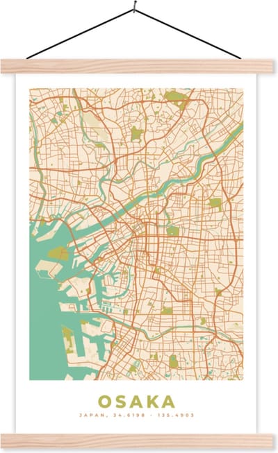 Posterhanger incl. Poster 40x60 cm - Schoolplaat - Osaka - Stadskaart - Vintage - Plattegrond - Kaart - Textielposter - Blanke latten - Stadskaart
