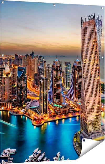 Gards Tuinposter Dubai Haven met de Stad - 90x120 cm - Tuindoek - Tuindecoratie - Wanddecoratie buiten - Tuinschilderij