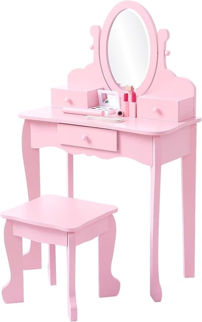 Kinderkaptafel voor Meisjes met Spiegel en Krukje - Prinses Make-up Tafel - 2-in-1 Bureau - 3 Laden - 4 tot 9 Jaar - roze