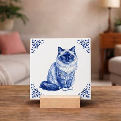 Delftsblauw Tegeltje 11x11 Ragdoll Kat – Cadeau voor Kattenliefhebber