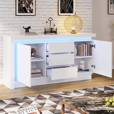 MODENUIT Dressoir - Met LED, 2 Deuren En 3 Lades - Voor Woonkamer - Spaanplaat Hoogglans Wit - 140x35x72 cm