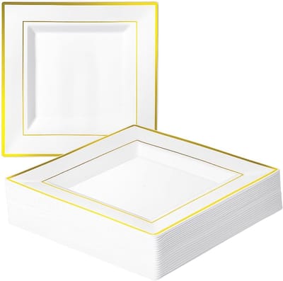 20 Witte Vierkante Plastic Borden met Gouden Rand (24cm), Feestbordjes voor Bruiloften, Verjaardagen, Dopen, Kerstmis & Feesten - Stevig en Herbruikbaar