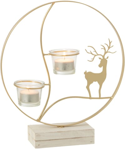 J-Line theelichthouder Rendier - hout - goud/wit