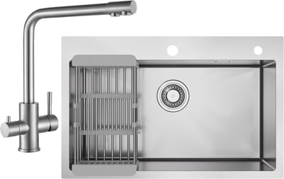 CECIPA max Spoelbak voor keuken 70x45 cm - Spoelbakken Keuken Met 3 Wege Keukenkraan - Spoelbakken Met Afdruip - Enkele spoelbak Met Waterafvoersysteem - Wasbak Keuken RVS