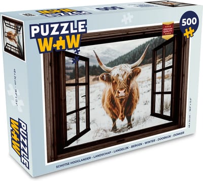 Puzzel Schotse Hooglander - Landschap - Landelijk - Bergen - Winter - Doorkijk - Donker - Legpuzzel - Puzzel 500 stukjes