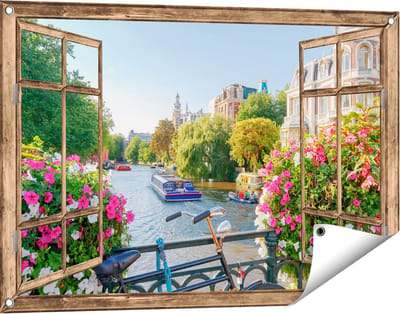 Gards Tuinposter Doorkijk Amsterdamse Kanaal met Bloemen - 90x60 cm - Tuindoek - Tuindecoratie - Wanddecoratie buiten - Tuinschilderij