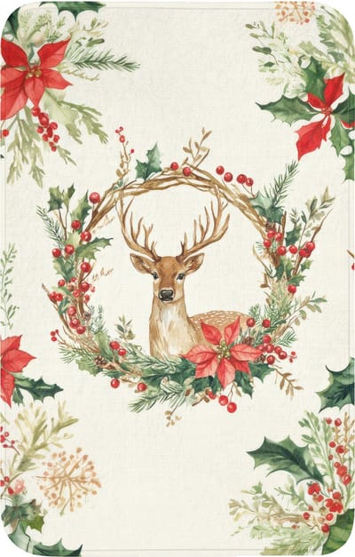 WC mat 50x80 cm - Antislip - Kerstkrans - Hert - Hulst - Rood - Toiletmat - Vloermat - Douchemat - Toilet tapijt - Toiletmatten
