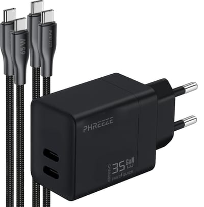 Phreeze usb C charger 35 W - Power Delivery GaN oplader met 2 usb C naar usb C kabels 1m - Dual port snellader voor telefoon en tablet