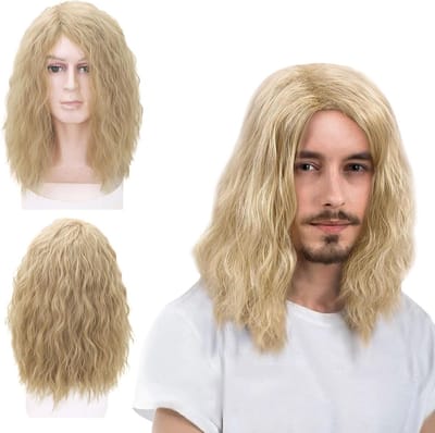 Lang blonde herenpruik van 16 inch, krullend haar voor volwassenen, ideaal voor 70s en 80s kostuumfeest en Halloween cosplay