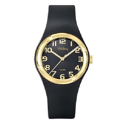 Tekday-model 654854-Dameshorloge-zwart-goudkleurig-10 atm waterdicht-diameter 33 mm-sporten-zwemmen-hoog draagcomfort