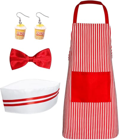 Retro Popcorn Kostuum met Gestreepte Schort, Hoed, Strik en Oorbellen voor Carnavalsfeest en Cosplay