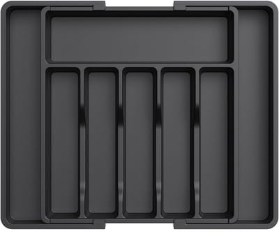 Besteklade Organizer Uitschuifbaar - 8 Verstelbare Vakken voor Lepels, Vorken & Messen | Universele Maat 33.5/57x38x5cm | Stevig Kunststof | Zwarte Keukenlade Opbergbak