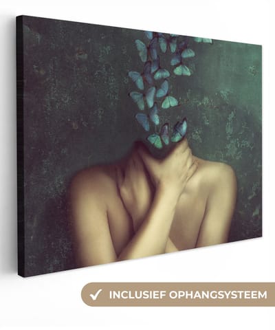 Canvas schilderij 40x30 cm - Wanddecoratie Torso - Stilleven - Vlinders - Blauw - Muurdecoratie woonkamer - Slaapkamer decoratie - Kamer accessoires - Schilderijen op canvas