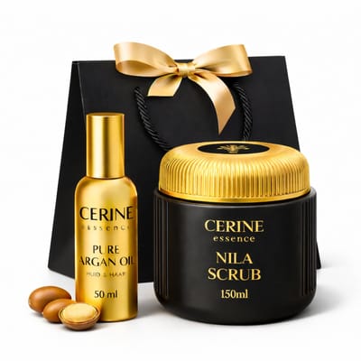 Cerine Essence Luxe Huidverzorging Cadeauset – Arganolie 50 ml & Nila Scrub 150 ml – Geschenkset Dames & Heren
