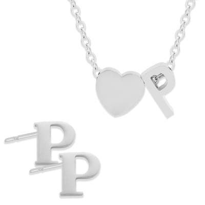 Initiaal Ketting & Oorbellen set met Letter P ZIlverkleurig - Stainless Steel - Met letter & Hartje! - 2x Sieraden Cadeau - Pax Amare