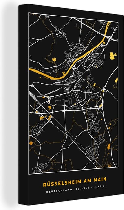 Canvas Schilderij Black and Gold – Stadskaart – Rüsselsheim am Main – Duitsland – Plattegrond – Kaart - 20x30 cm - Wanddecoratie