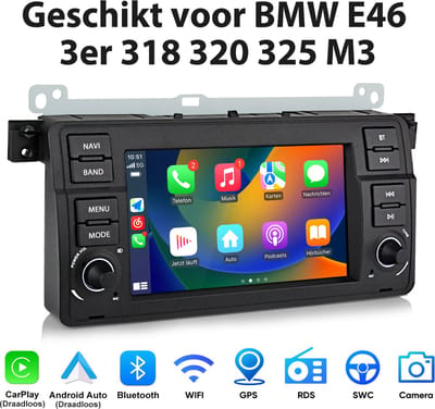Junsun Android 15 Autoradio Geschikt Voor BMW E46 3er 318 320 325 M3 Accessoires, 2GB+64GB, Draadloze CarPlay & Andriod Auto met Bluetooth, GPS-Navigatiesystem, 7-inch HD Touchscreen, WiFi & FM, RDS & USB, DAB+, DSP, Quad-core processor