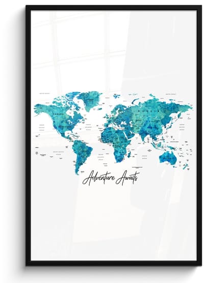 Poster in lijst - Fotolijst 80x120 cm - Posters - Wereldkaart - Blauw - Kleurrijk - Posterlijst zwart - Decoratie - Wanddecoratie woonkamer - Muurdecoratie slaapkamer