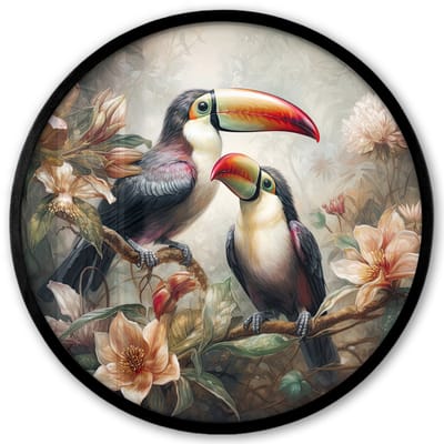 Poster in lijst Rond - Fotolijst 40x40 cm - Posters - Toekan - Vogels - Bloemen - Jungle - Ronde posterlijst zwart - Decoratie - Wanddecoratie woonkamer - Muurdecoratie slaapkamer