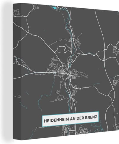 Canvas Schilderij Kaart – Plattegrond – Stadskaart – Heidenheim an der Brenz – Duitsland – Blauw - 20x20 cm - Wanddecoratie