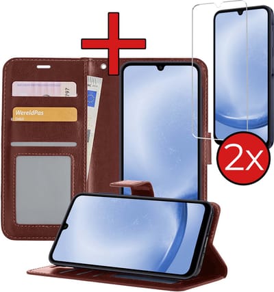 Hoesje - Met 2x Screenprotector - Geschikt voor Samsung Galaxy A25 - Luxe Pasjeshouder - Flip Case - Bookcase Portemonee - Kunstleer Book Case - Flipcase Hoes - Book Cover - Walletcase - Portemonneehoes - Telefoonhoes - Bruin