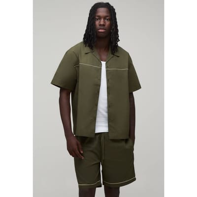 Katoenen Popeline Oversized Shirt & Relaxed Short Set Met Biesdetail | Olive | Size Medium