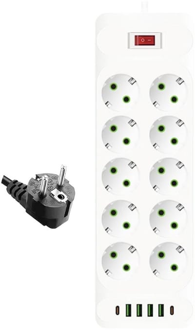 Thuys – Multipres Stekkerdoos – Met Schakelaar – 2m Kabel – Meervoudige Stekkerdoos – Met USB – Wit
