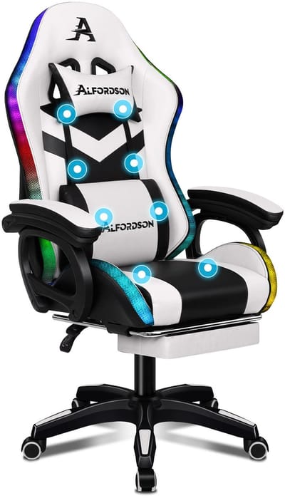 ALFORDSON Gamestoel, 12 RGB LED-kleurenafstandsbediening, armleuningen met schuifrail, intrekbare voetsteun, B-punt massage verstelbaar kussen