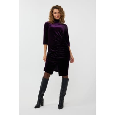 EsQualo Dress Velours Gathering Dark Purple Maat: S | Midi Jurken Outlet | Dames | Paars