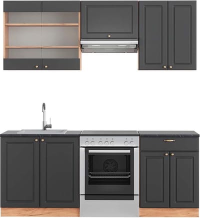 Vicco Fame-Line Complete keukeneenheid – 200 cm, WB Antraciet Antraciet Landhuis/Goud Kraft Eik