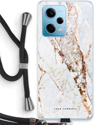 Case Company® - Hoesje met koord geschikt voor Xiaomi Redmi Note 12 Pro 5G hoesje met Koord - Goud marmer - Telefoonhoesje met Zwart Koord - Bescherming aan alle Kanten en Over de Schermrand