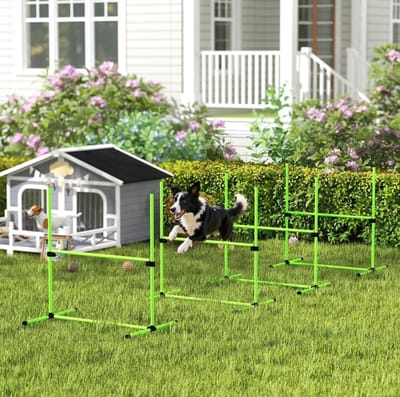 MEUNIQ agility set voor honden 4-delig hoogteverstelbaar met 4 horden en draagtas 99 x 65 x 94 cm kunststof trainingsset voor tuin of park groen