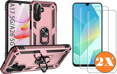 Hoesje Geschikt voor Samsung Galaxy A17 5G / A26 5G Hoesje Rose Goud Anti-Shock Hybrid Armor hoesje Met Draaibare Ring Houder - Samsung A17 Screenprotector 2 pack