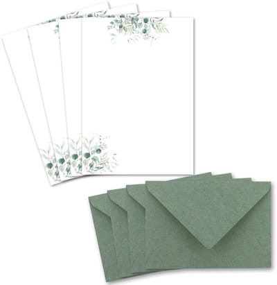 Dailygoods- Briefpapier set 25 stuks - Natuurlijk papier crème - Enveloppen DIN C6 - Eucalyptus-takken - Bedrukbaar - Ideaal voor huwelijksuitnodigingen