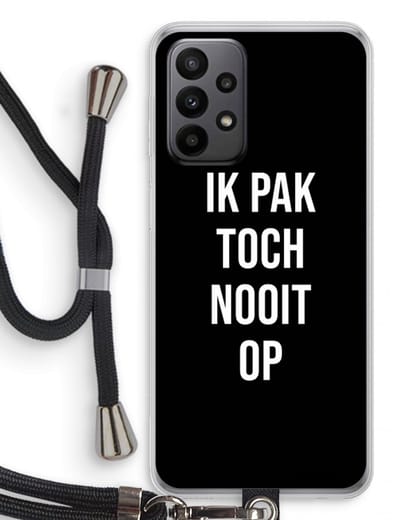 Case Company® - Hoesje met koord geschikt voor Samsung Galaxy A23 hoesje met Koord - Ik pak nooit op - Zwart - Telefoonhoesje met Zwart Koord - Bescherming aan alle Kanten en Over de Schermrand