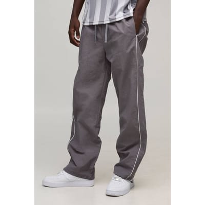 Relaxed Fit Nylon Piping Detail Track Pants | Grey | Size XS