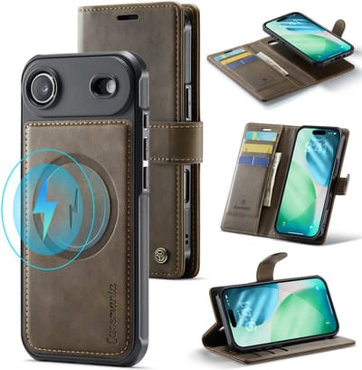 Casemania Hoesje Geschikt voor Apple iPhone 17 Air - Mahogany Brown - Geschikt voor MagSafe - Luxe Kunstleer 2 in 1 Afneembare Bookcase - Magnetische Telefoonhoesje met Pasjeshouder en Standaardfunctie