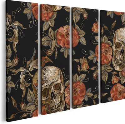 Artaza Canvas Schilderij Vierluik Doodshoofden met Bloemen - Schedels - 80x60 - Foto Op Canvas - Canvas Print