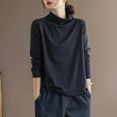Nieuw Veelzijdig T-shirt met Hoge Hals en Lange Mouwen in Effen Kleur voor Dames met Grote Maten Dames Los Slim Basis T-shirt 4XL zwart