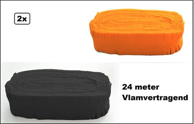 2x Crepe guirlande zwart en oranje 24meter - Brandvertragend - Slinger verjaardag vlaglijn festival thema feest party