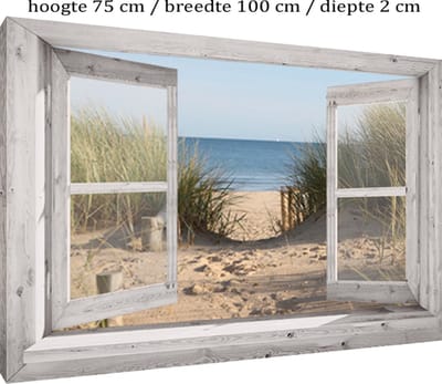 Tuinposter op canvas - 75x100x2 cm - voor buiten - tuindoek doorkijk wit venster duinovergang - strand, tuindoek